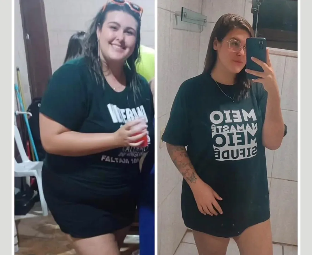 Primeira aluna antes e depois, com a mesma camiseta