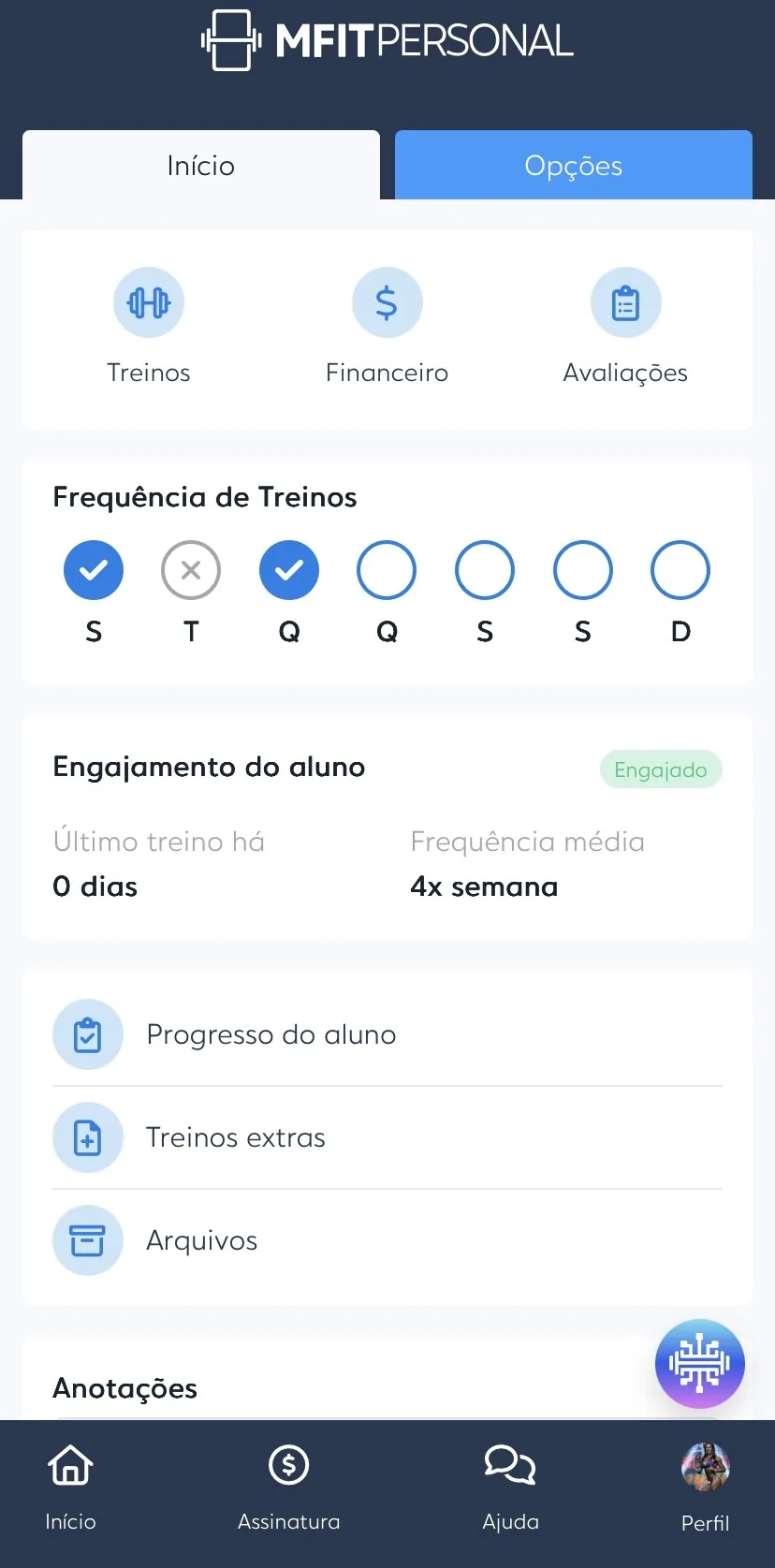 Tela do MFIT Personal com frequência de treinos, engajamento e progresso do aluno