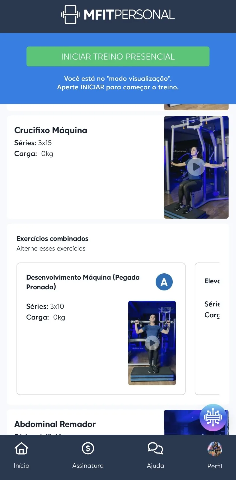 Tela do MFIT Personal com os exercícios do treino, séries, carga e vídeo de execução